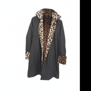 Dennis Basso Reversible Black Coat with Leopard Print Lining